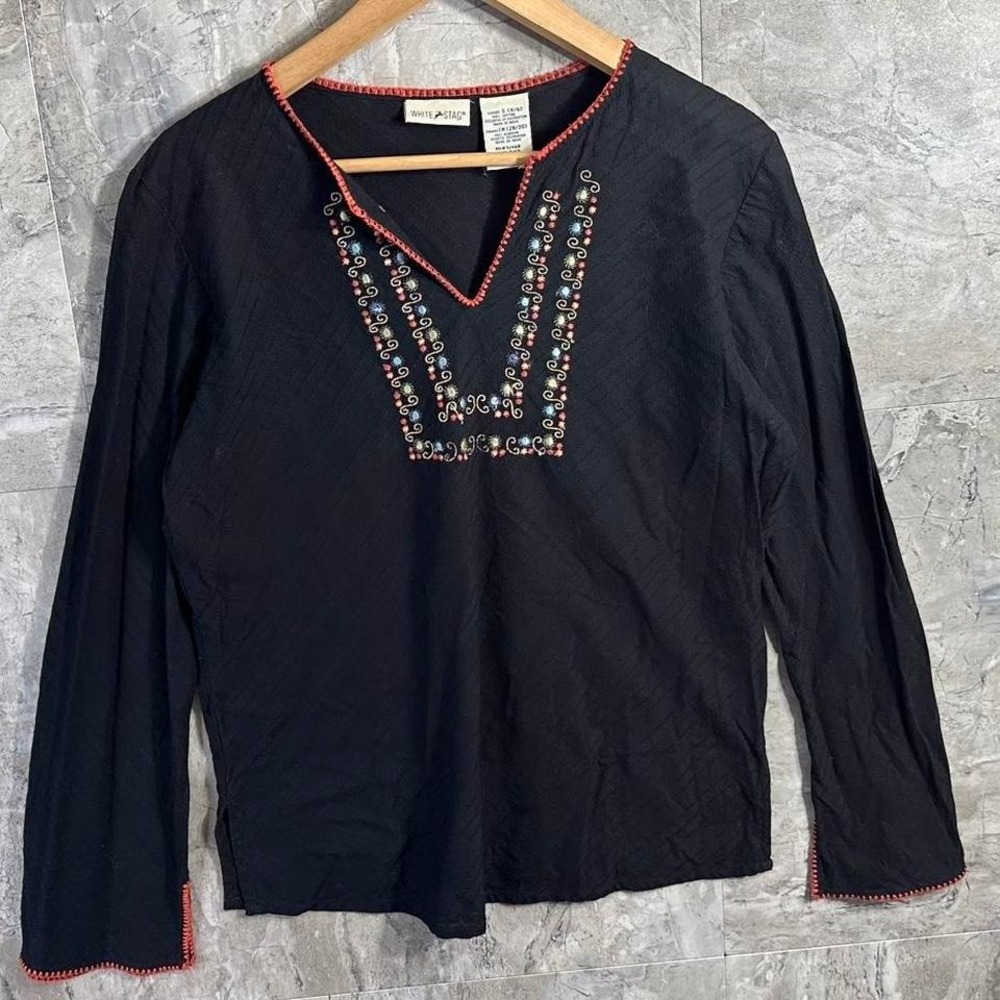 Black long sleeve top with red and blue embroidery. Woman's‎ Size: S #boho